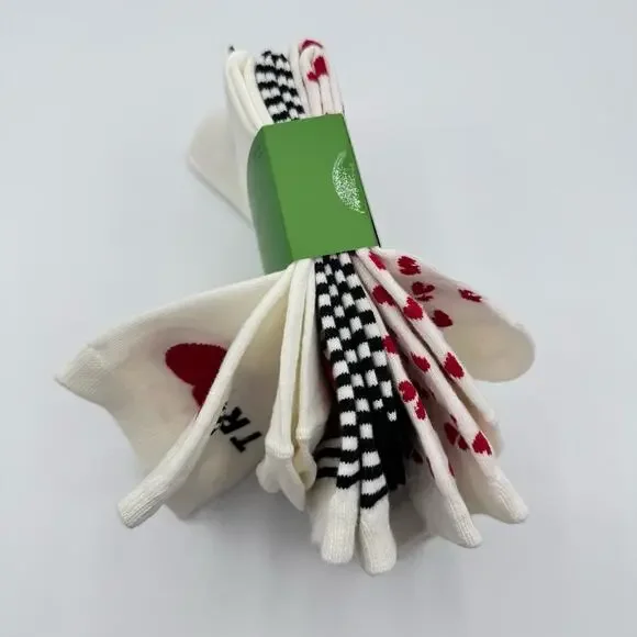 Kate Spade New York White Red Black Hearts Striped Crew Socks 3 Pairs Valentines - Picture 5 of 7